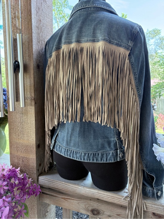 Chico's Jackets & Blazers - Chico’s Denim Blue Jean Western/Festival Faux Suede Long Fringed Jacket NWT S